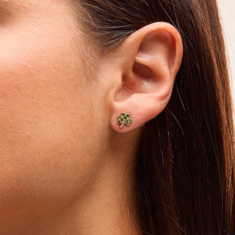 Main Image 2 of Tsavorite and White Lab-Created Sapphire Clover Stud Earrings in Solid 10K Gold