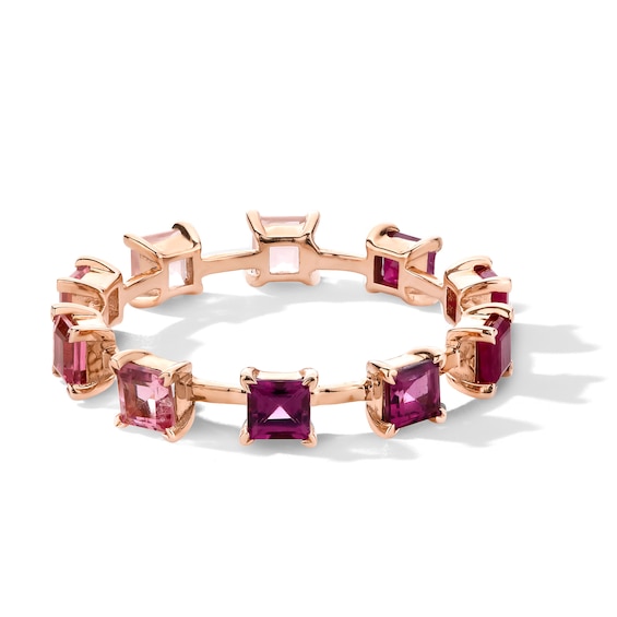 Asscher-Cut Rhodolite Garnet, Amethyst and Pink Lab-Created Sapphire Station Ring in 10K Gold - Size 7