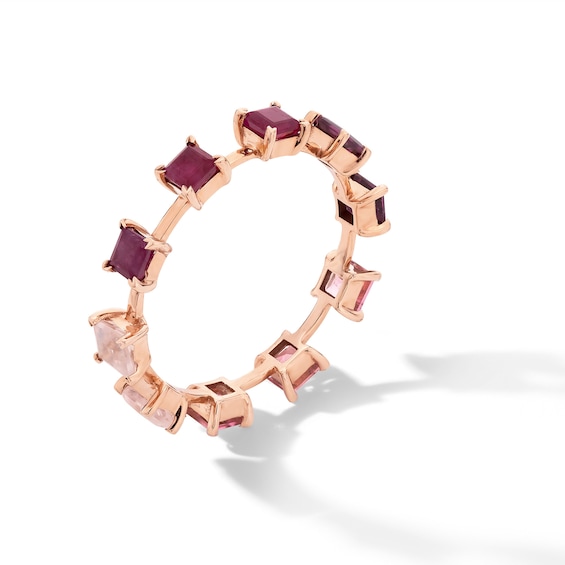 Asscher-Cut Rhodolite Garnet, Amethyst and Pink Lab-Created Sapphire Station Ring in 10K Gold - Size 7