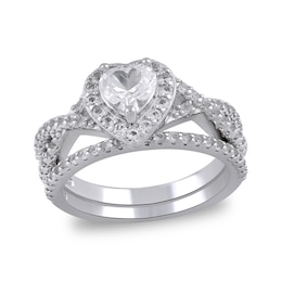 6.0mm Heart-Shaped White lab-Created Sapphire Frame Crossover Shank Ring in Sterling Silver