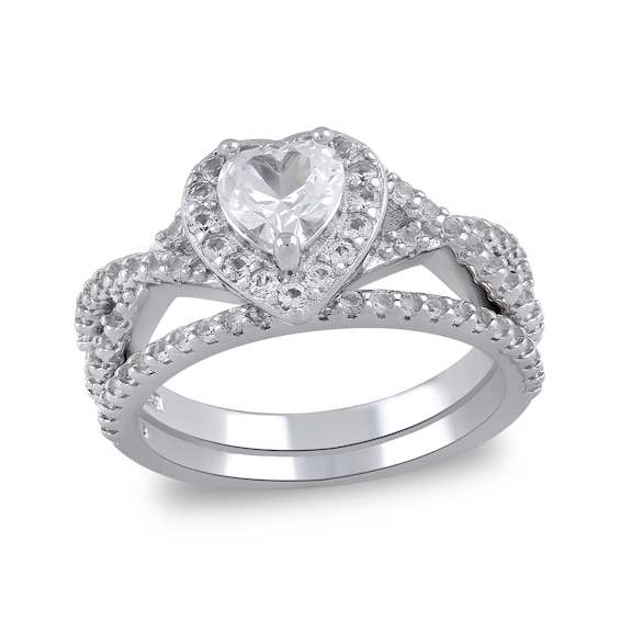 6.0mm Heart-Shaped White lab-Created Sapphire Frame Crossover Shank Ring in Sterling Silver
