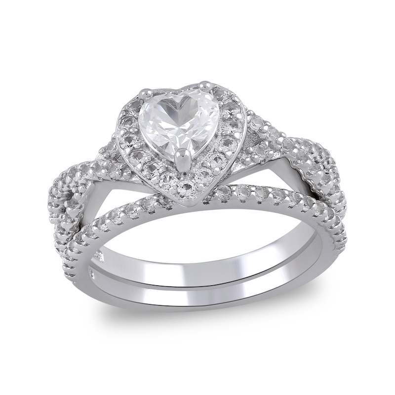 Main Image 1 of 6.0mm Heart-Shaped White lab-Created Sapphire Frame Crossover Shank Ring in Sterling Silver