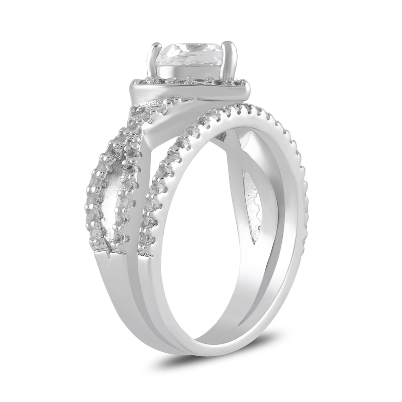 Main Image 2 of 6.0mm Heart-Shaped White lab-Created Sapphire Frame Crossover Shank Ring in Sterling Silver
