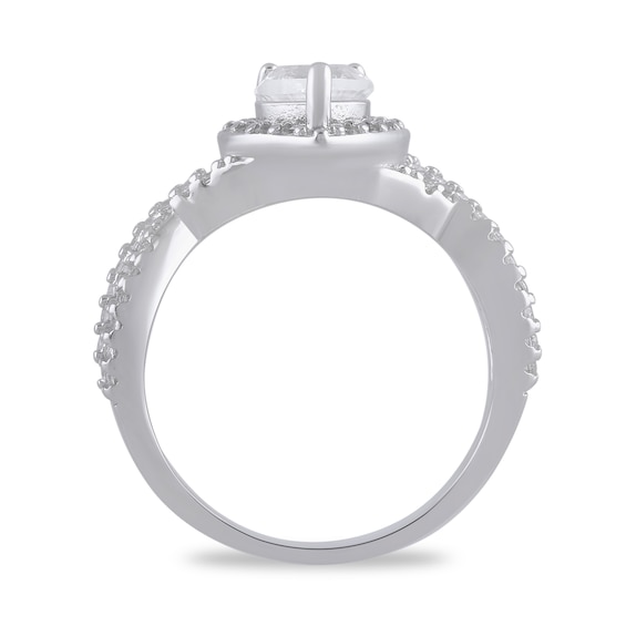6.0mm Heart-Shaped White lab-Created Sapphire Frame Crossover Shank Ring in Sterling Silver