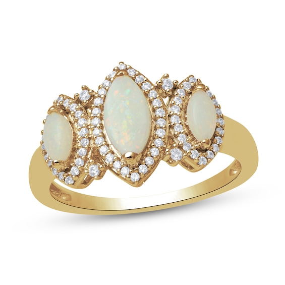 Marquise-Cut Lab-Created Opal and 1/5 CT. T.w. Diamond Frame Three Stone Ring in 10K Gold