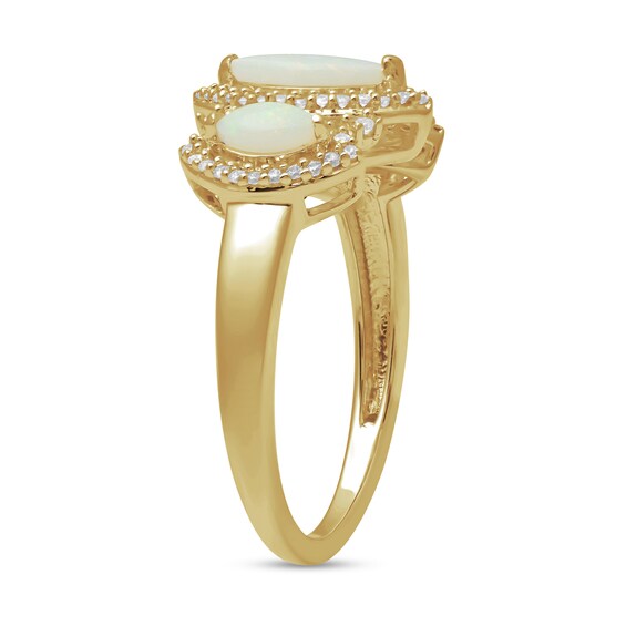 Marquise-Cut Lab-Created Opal and 1/5 CT. T.w. Diamond Frame Three Stone Ring in 10K Gold