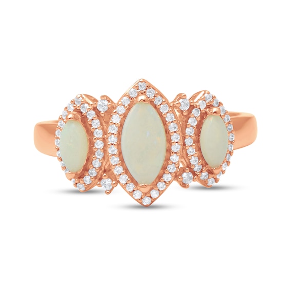 Marquise-Cut Lab-Created Opal and 1/5 CT. T.w. Diamond Frame Three Stone Ring in 10K Gold