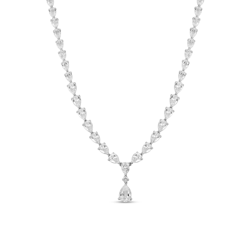 Main Image 1 of Pear-Shaped White Lab-Created Sapphire Graduated Drop Necklace in Sterling Silver - 19"