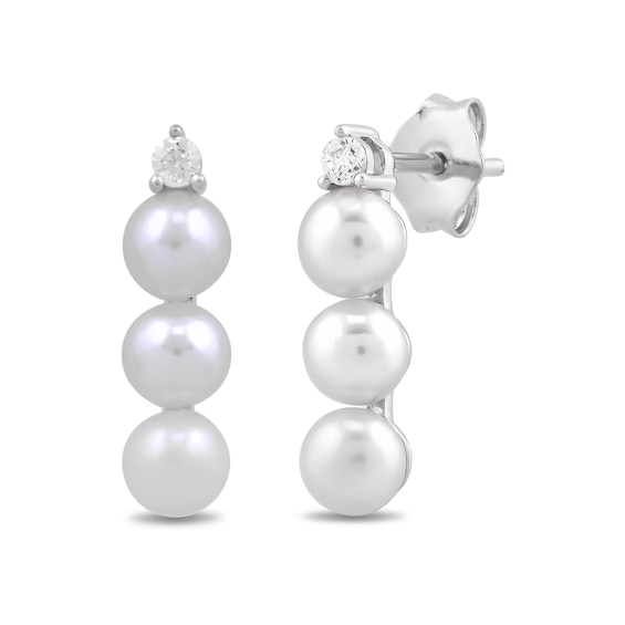 4.0mm Button Freshwater Cultured Pearl and White Lab-Created Sapphire Linear Drop Earrings in Sterling Silver