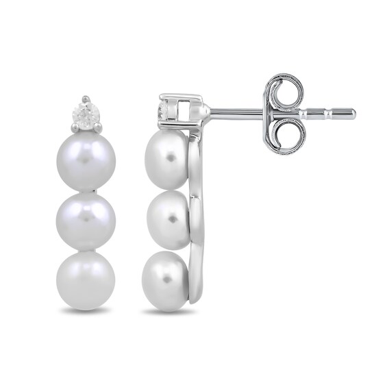 4.0mm Button Freshwater Cultured Pearl and White Lab-Created Sapphire Linear Drop Earrings in Sterling Silver