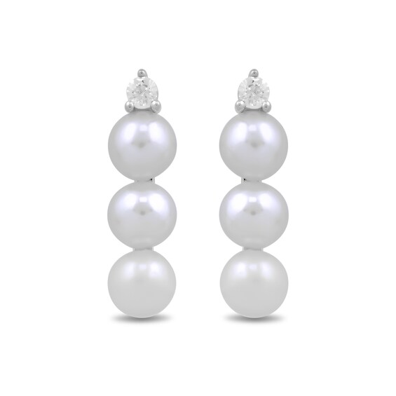 4.0mm Button Freshwater Cultured Pearl and White Lab-Created Sapphire Linear Drop Earrings in Sterling Silver