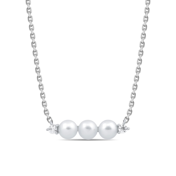 4.0mm Button Freshwater Cultured Pearl and White Lab-Created Sapphire Three Stone Necklace in Sterling Silver