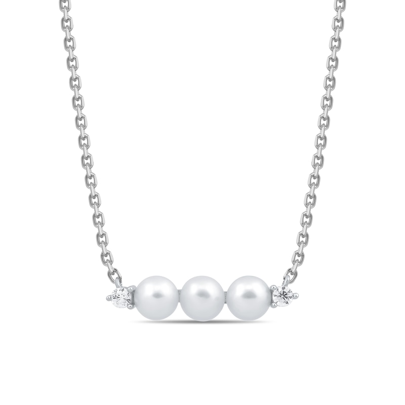 Main Image 1 of 4.0mm Button Freshwater Cultured Pearl and White Lab-Created Sapphire Three Stone Necklace in Sterling Silver