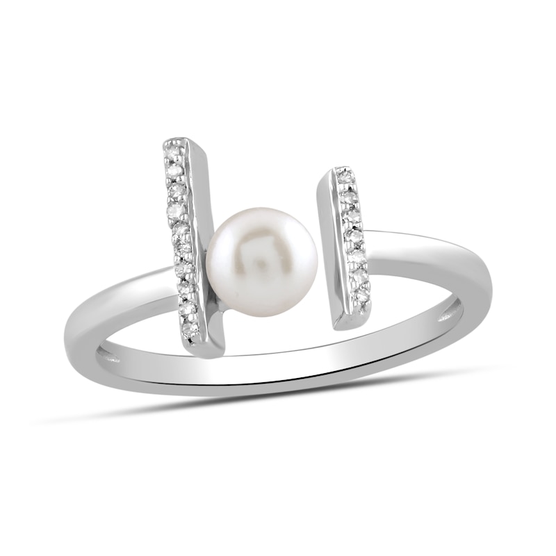 Main Image 2 of 5.0mm Freshwater Cultured Pearl and 1/20 CT. T.W. Diamond Double Bar Ring in Sterling Silver