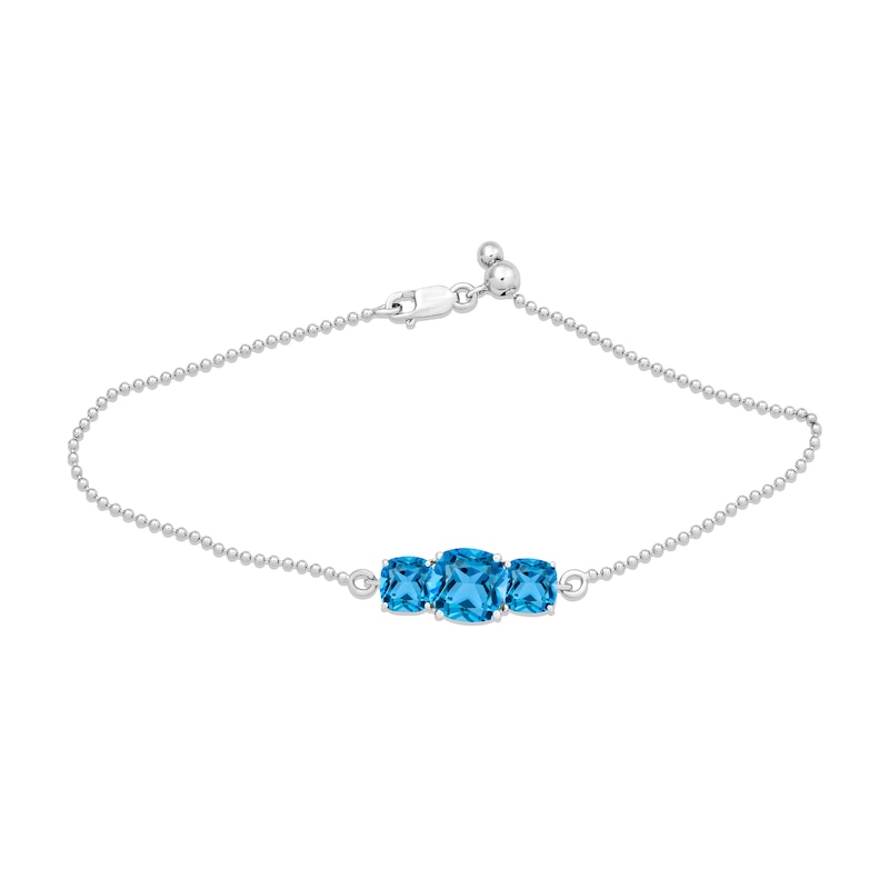 Main Image 1 of 8.0mm Cushion-Cut Swiss Blue Topaz Three Stone Bracelet in Sterling Silver - 7.5&quot;