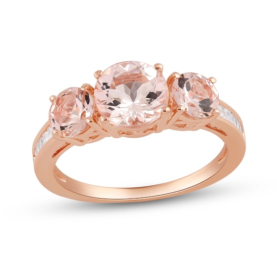 7.0mm Morganite and 1/6 CT. T.w. Baguette-Cut Diamond Three Stone Ring in 10K Rose Gold