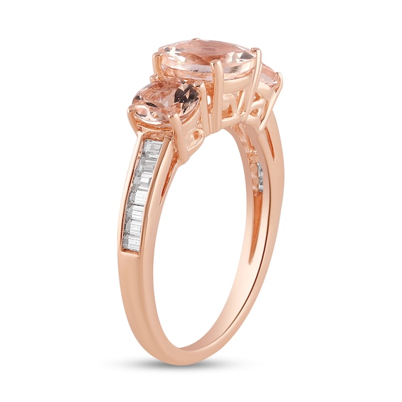7.0mm Morganite and 1/6 CT. T.w. Baguette-Cut Diamond Three Stone Ring in 10K Rose Gold