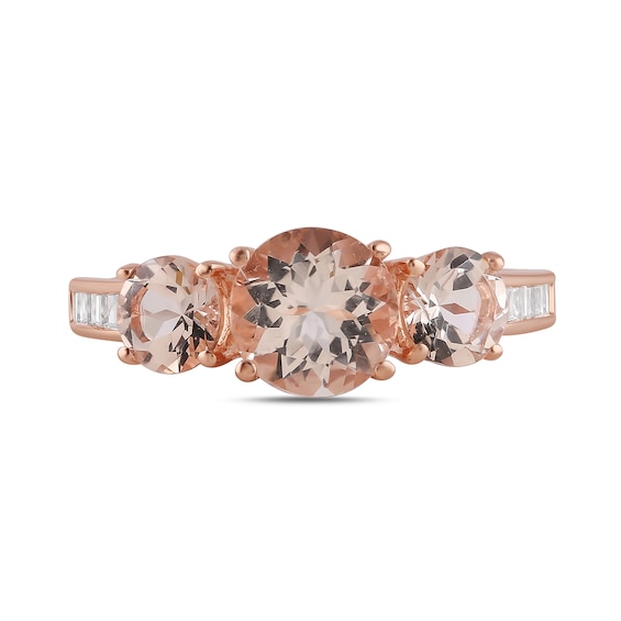 7.0mm Morganite and 1/6 CT. T.w. Baguette-Cut Diamond Three Stone Ring in 10K Rose Gold