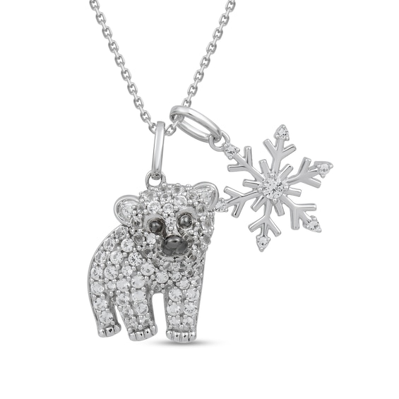 White Lab-Created Sapphire Polar Bear and Snowflake Double Charm Pendant in Sterling Silver