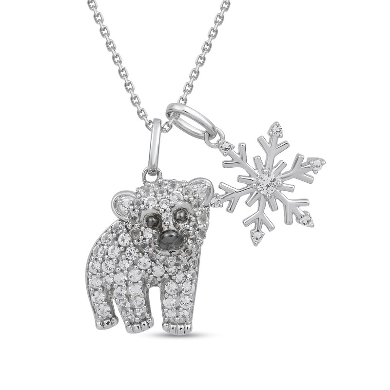 Main Image 1 of White Lab-Created Sapphire Polar Bear and Snowflake Double Charm Pendant in Sterling Silver
