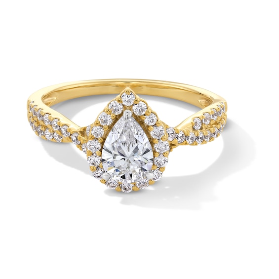 1 CT. T.w. Pear-Shaped Certified Lab-Grown Diamond Frame Crossover Shank Engagement Ring in 14K Gold (F/Si2)