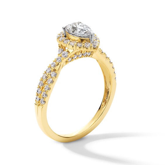 1 CT. T.w. Pear-Shaped Certified Lab-Grown Diamond Frame Crossover Shank Engagement Ring in 14K Gold (F/Si2)