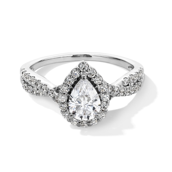 1 CT. T.w. Pear-Shaped Certified Lab-Grown Diamond Frame Crossover Shank Engagement Ring in 14K White Gold (F/Si2)