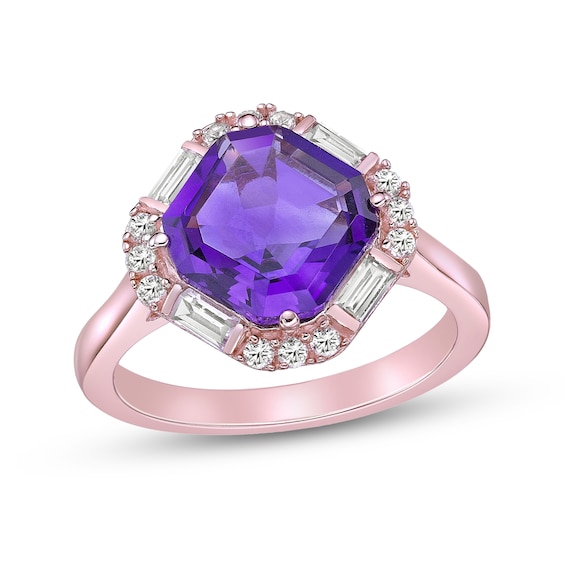 Asscher-Cut Amethyst and White Lab-Created Sapphire Tilted Frame Ring in Sterling Silver with 14K Rose Gold Plate