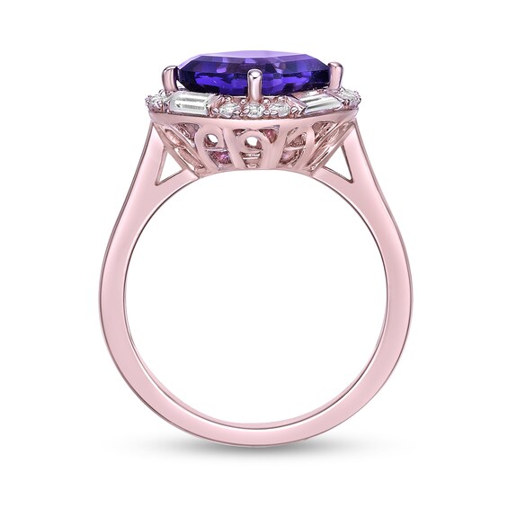 Asscher-Cut Amethyst and White Lab-Created Sapphire Tilted Frame Ring in Sterling Silver with 14K Rose Gold Plate