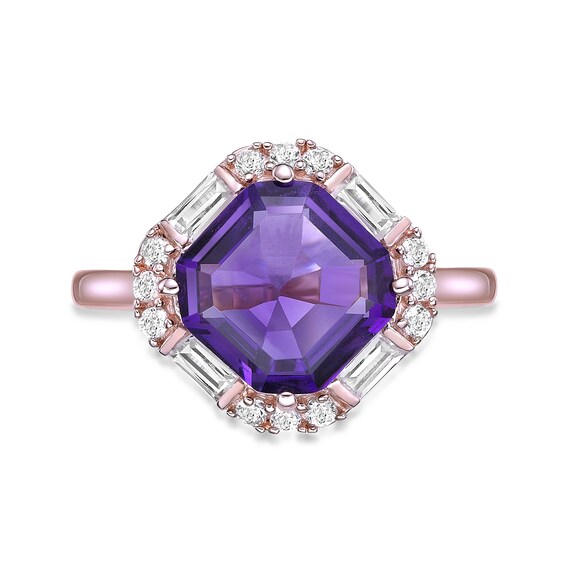 Asscher-Cut Amethyst and White Lab-Created Sapphire Tilted Frame Ring in Sterling Silver with 14K Rose Gold Plate