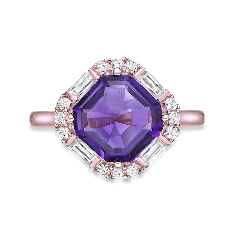 Main Image 5 of Asscher-Cut Amethyst and White Lab-Created Sapphire Tilted Frame Ring in Sterling Silver with 14K Rose Gold Plate