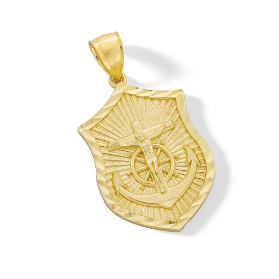 Diamond-Cut Maritime Crucifix Shield Necklace Charm in Solid 10K Gold