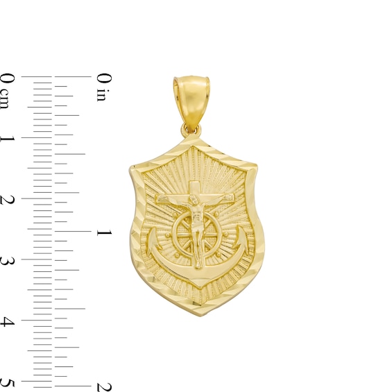 Diamond-Cut Maritime Crucifix Shield Necklace Charm in Solid 10K Gold