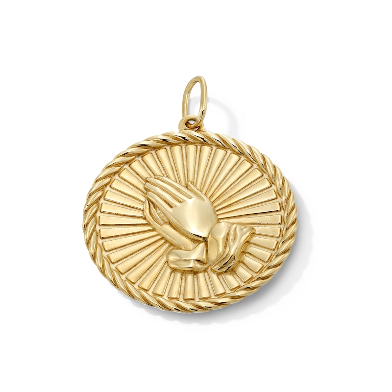Main Image 1 of Praying Hands Rope-Textured Frame Medallion Necklace Charm in Solid 10K Gold