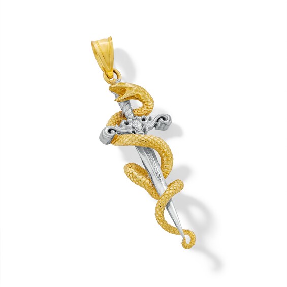 Diamond-Cut 3D Snake and Dagger Necklace Charm in Solid 10K Two-Tone Gold
