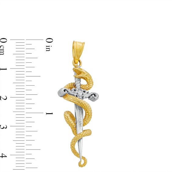 Diamond-Cut 3D Snake and Dagger Necklace Charm in Solid 10K Two-Tone Gold