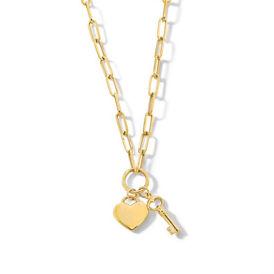 Heart and Key Charm Necklace in Hollow 14K Gold