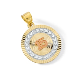 Quinceañera “15” Medallion Necklace Charm in Solid 14K Tri-Tone Gold