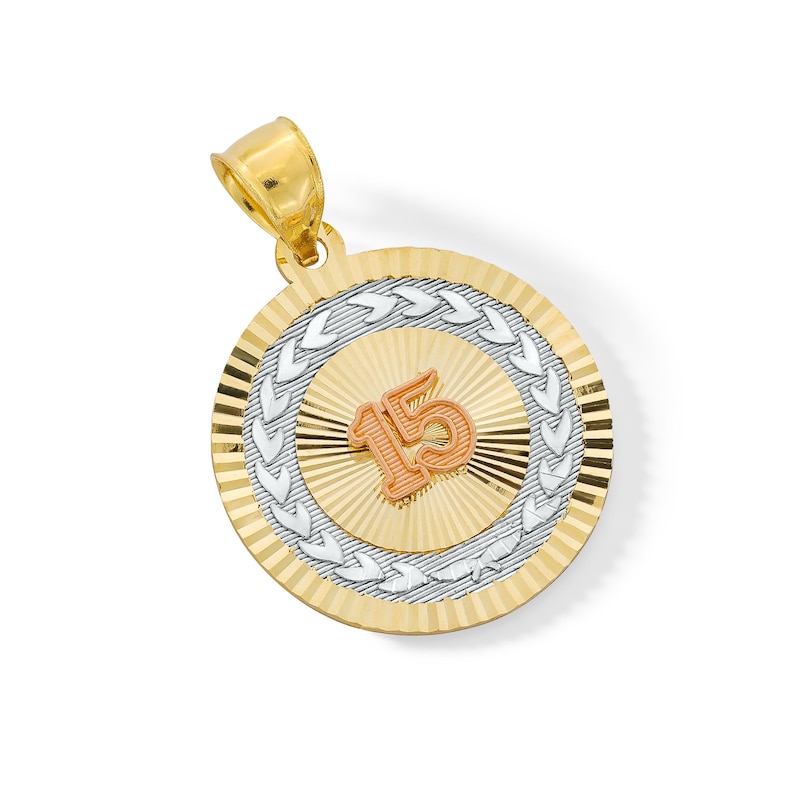 Main Image 1 of Quinceañera “15” Medallion Necklace Charm in Solid 14K Tri-Tone Gold