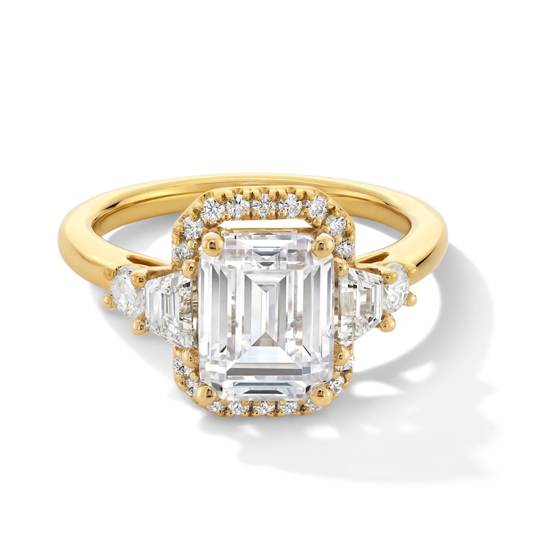Main Image 1 of 3-1/3 CT. T.W. Emerald-Cut Certified Lab-Grown Diamond Frame Collar Engagement Ring in 14K Gold (F/VS2)