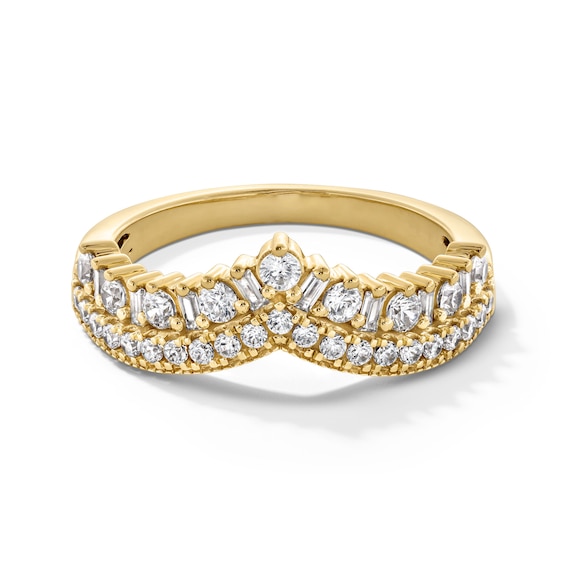 5/8 CT. T.w. Baguette and Round Diamond Double Row Chevron Vintage-Style Anniversary Band in 14K Gold