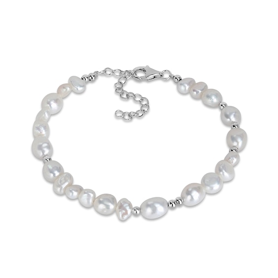 5.0-8.0mm Baroque Freshwater Cultured Pearl and 3.0mm Bead Bracelet in Sterling Silver - 9.5”