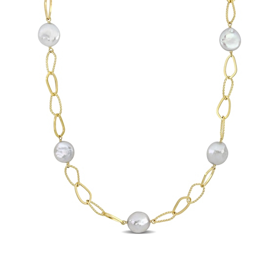 14.0-15.0mm Button Freshwater Pearl Station Necklace in Sterling Silver with 18K Gold Plate- 36â