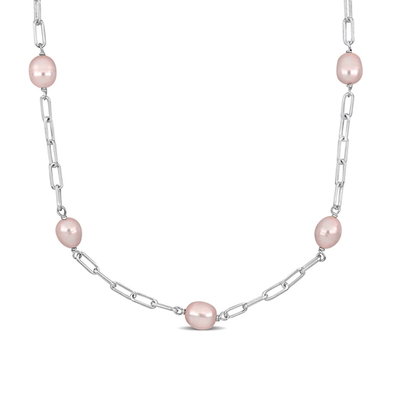 8.0-9.0mm Baroque Pink Freshwater Cultured Pearl Station Necklace in Sterling Silver - 20â