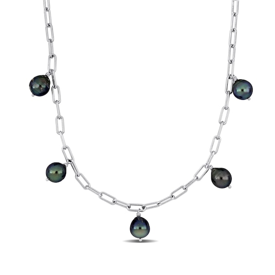 9.0-10.0mm Pear-Shaped Tahitian Freshwater Cultured Pearl Dangle Station Necklace in Sterling Silver