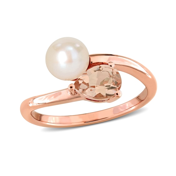 6.0-6.5mm Freshwater Cultured Pearl and Pear-Shaped Morganite Bypass Ring in 10K Rose Gold