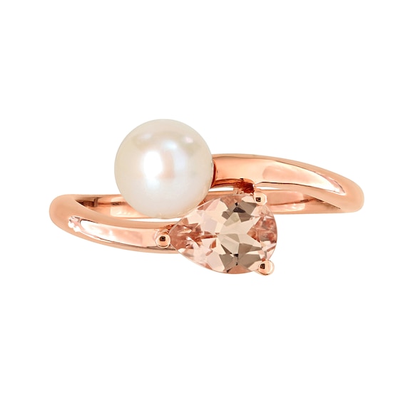 6.0-6.5mm Freshwater Cultured Pearl and Pear-Shaped Morganite Bypass Ring 10K Rose Gold