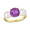 Thumbnail Image 1 of 6.0-6.5mm Button Freshwater Cultured Pearl and Amethyst Three Stone Ring in 10K Gold