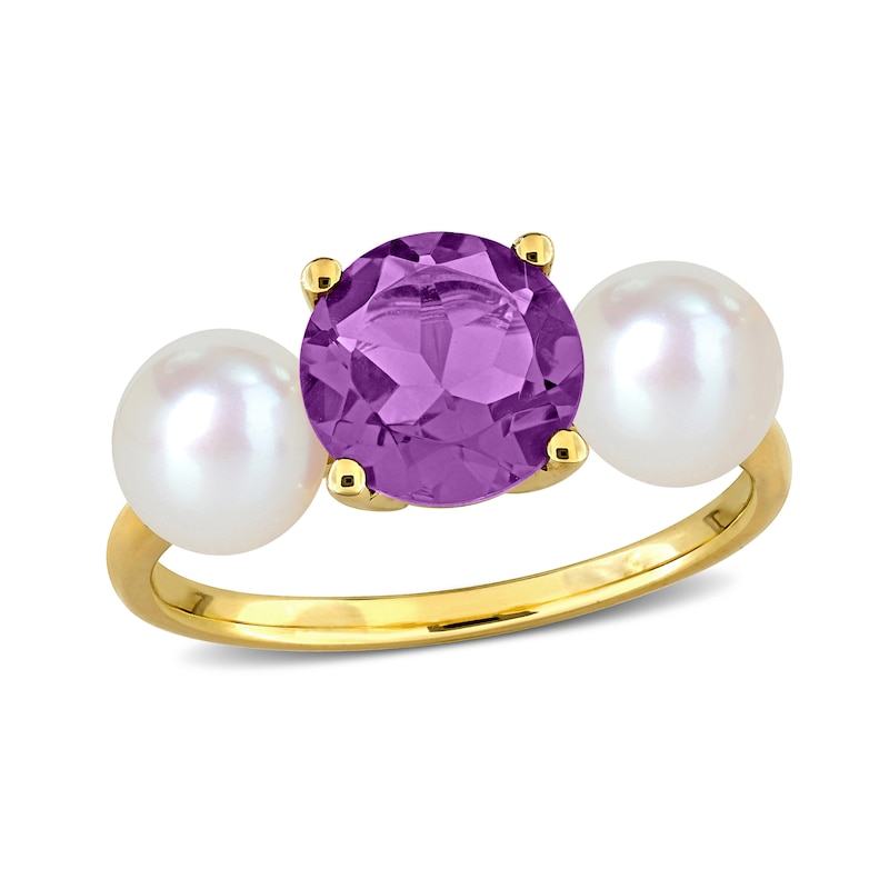 Main Image 1 of 6.0-6.5mm Button Freshwater Cultured Pearl and Amethyst Three Stone Ring in 10K Gold
