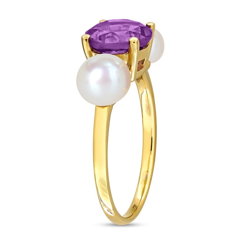 Main Image 2 of 6.0-6.5mm Button Freshwater Cultured Pearl and Amethyst Three Stone Ring in 10K Gold